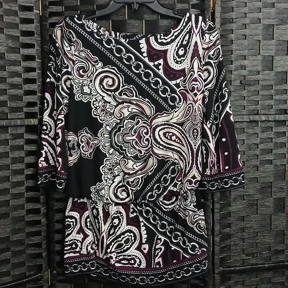 White House Black Market Black and Cream Patterned Blouse Tunic WMs SZ M - Picture 1 of 4